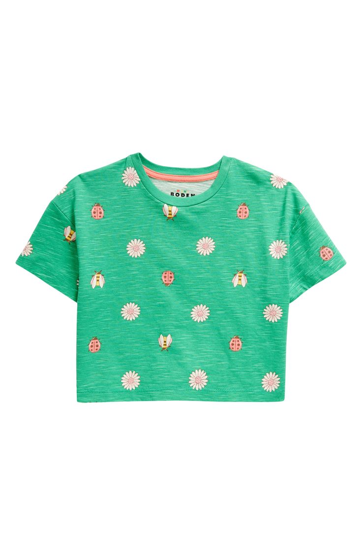 Sweet bees, ladybirds and little daisies bring summery charm to this slubbed-cotton T-shirt that's cut in a boxy, cropped silhouette your kiddo will love. 100% cotton Machine wash, line dry Imported Baby Boy T Shirt, Boden Kids, Green Daisy, Spring T Shirts, Crop T Shirt, Mini Boden, Crop Tshirt, Boys T Shirts, Bugs