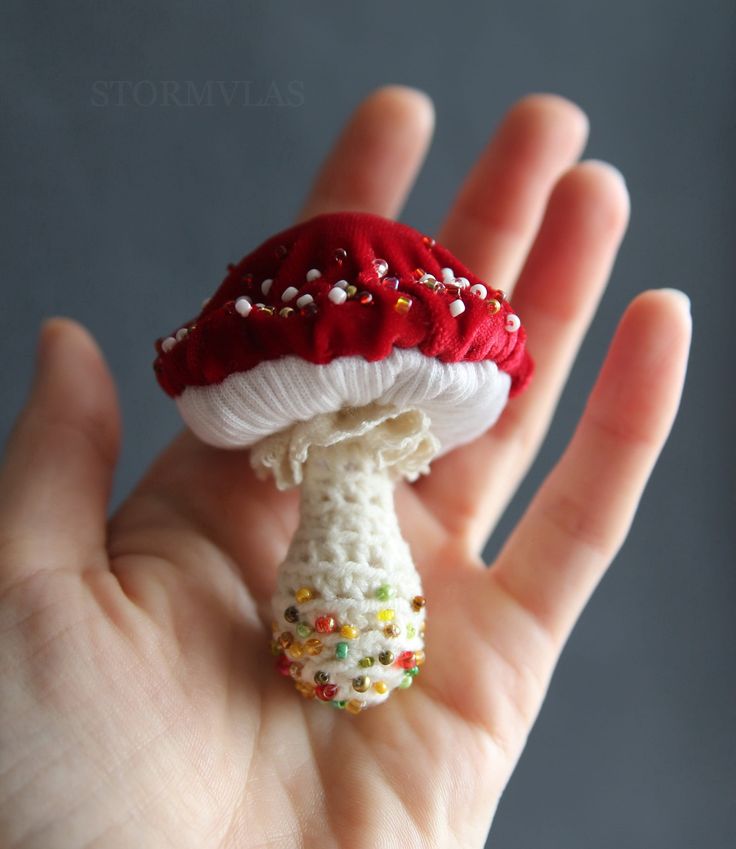 a hand holding a tiny red and white mushroom