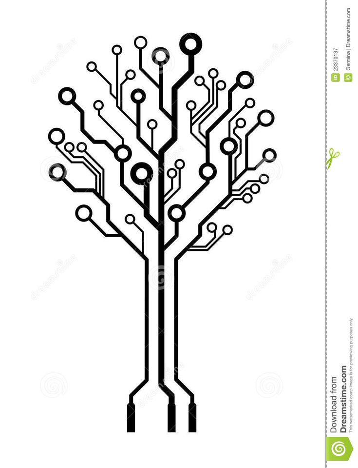 a circuit board tree with lots of wires and dots on it's branches, black and white