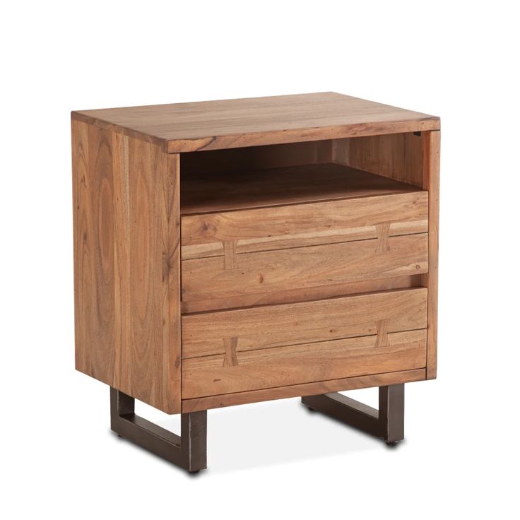 a wooden side table with two drawers and one drawer open on the bottom, against a white background