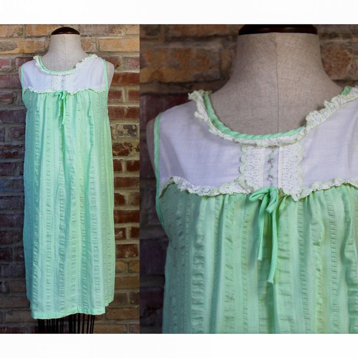 "Cutest cotton slip from the 1960s! Feels like walking barefoot through the garden at sunrise. Vibrant light green color with stripe details down the front and an empire waist. Lace ornaments across the chest, featuring dainty floral embroidery. This piece is lightweight, breezy, with that one of a kind feeling. Green fabric has an almost sheer quality to it. No tags or labels to be found. Estimated size S. Please see measurements for accurate fit. Measurements (taken laid flat, doubled where ne Green Spring Sleepwear For Bedtime, Green Summer Sleepwear For Home, Green Summer Nightgown, Green Summer Nightgown For Sleep, Green Sleeveless Nightgown For Loungewear, Spring Green Sleeveless Sleepwear, Green Sleeveless Summer Nightgown, Green Cotton Nightgown For Sleep, Green Cotton Nightgown For Loungewear