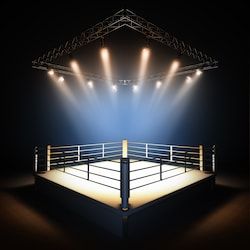 an empty boxing ring lit by spotlights in the dark with lights shining down on it