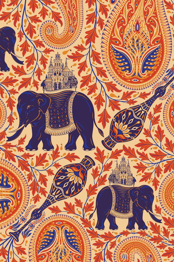 an orange and blue wallpaper with elephants on it