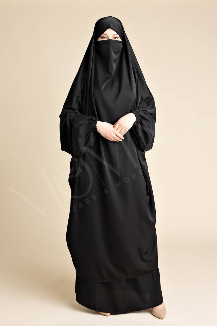 Classic Luxe Two Piece Jilbab - Arwaa - Momina Hijabs Black Long Khimar For Eid, Modest Black Khimar, Black Khimar For Eid, Black Long Sleeve Khimar For Eid, Long Sleeve Black Khimar For Eid, Modest Solid Color Niqab, Modest Black Long Sleeve Khimar, Modest Long Sleeve Black Khimar, Black Abaya With Modesty Panel For Eid