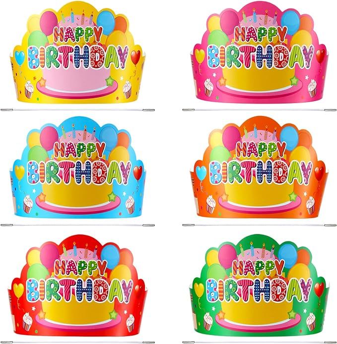 four birthday signs with balloons and confetti on them, all in different colors