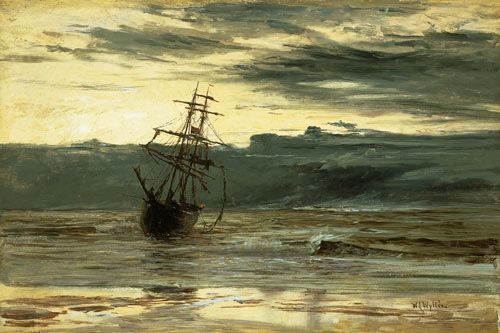 a painting of a ship in the ocean