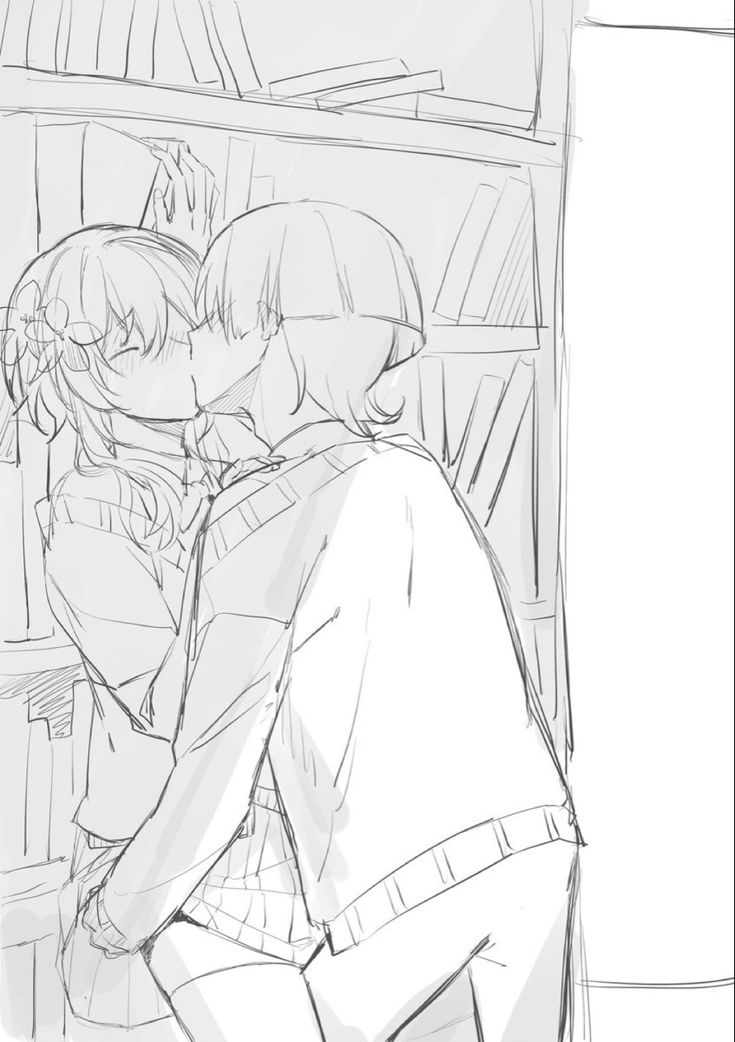 a black and white drawing of two people kissing in front of a book shelf filled with books