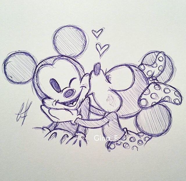 a drawing of mickey and minnie mouse hugging