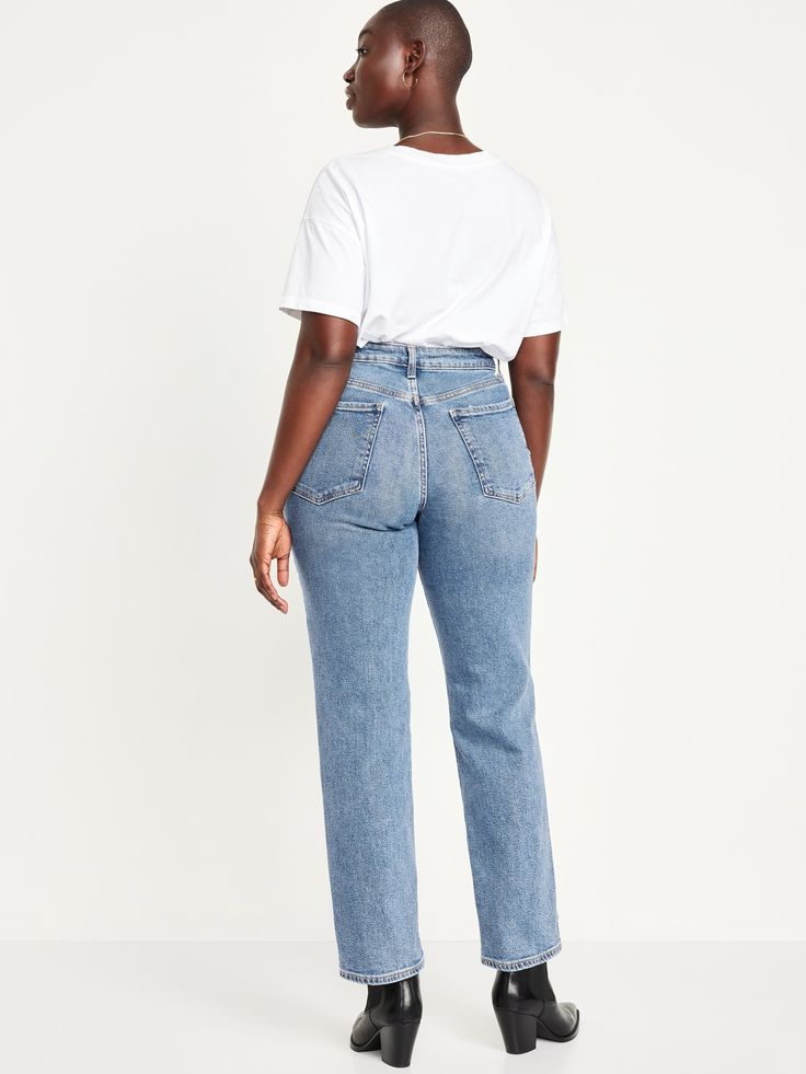 button front belt loops zip fly front scoop pockets back patch pockets sits at belly button loose leg 30 1/2" regular inseam 28 1/2" petite inseam 34 1/2" tall inseam models are approx.  5'9" and wear sizes s (4), l (12), and xl (18)machine wash according to the care instruction label spandex 1% recycled cotton 5% cotton 94% Womens Ripped Jeans, Back Patch, Petite Size, Belly Button, Ripped Jeans, Recycled Cotton, Room Inspiration, Old Navy, Size 12