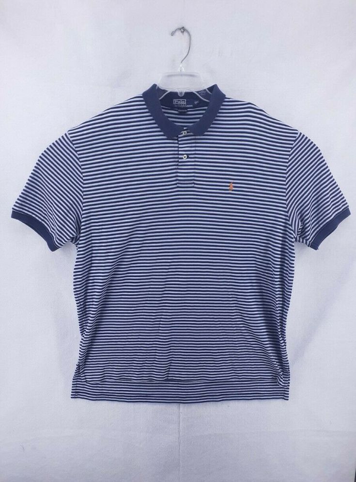 polo ralph lauren mens 2xl polo shirt short sleeve striped blue cotton. Condition is "Pre-owned". Shipped with USPS First Class. one hole on back of shirt. see picture. there rest of shirt is great. overall condition is ok to good because of hole. the hole is 1/4 of an inch Blue Polo T-shirt With Striped Collar, Blue Polo Shirt With Striped Collar, Striped Short Sleeve Polo Shirt For Summer, Blue Polo Shirt With Horizontal Stripes, Blue Striped Polo Shirt With Polo Collar, Summer Polo Shirt With Horizontal Stripes, Casual Short Sleeve Polo Shirt With Horizontal Stripes, Summer Short Sleeve Horizontal Stripe Polo Shirt, Summer Horizontal Stripe Polo Shirt