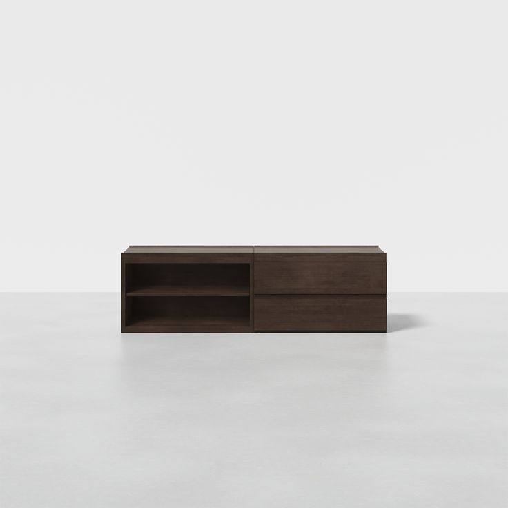 the sideboard is made out of wood and has two open shelves on one side