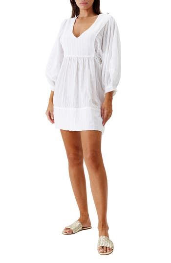 Billowed three-quarter sleeves frame this poolside cover-up is designed with a deeply dipped neckline and an airy keyhole back. 34 1/2" length (size Small) Back keyhole with button-and-loop closure Deep V-neck Three-quarter sleeves 100% cotton Hand wash, dry flat Imported Spring Beachwear Mini Dress With Long Sleeves, Long Sleeve Mini Dress For Spring Beachwear, Spring Day Out Mini Length Cover-up, Spring Mini Length Cover-up For Day Out, Long Sleeve Beach Dress For Brunch, Long Sleeve Summer Beach Dress For Brunch, Breezy Long Sleeve Spring Cover-up, Spring Breezy Cover-up With Long Sleeves, Chic Mini-length Cover-up For Spring