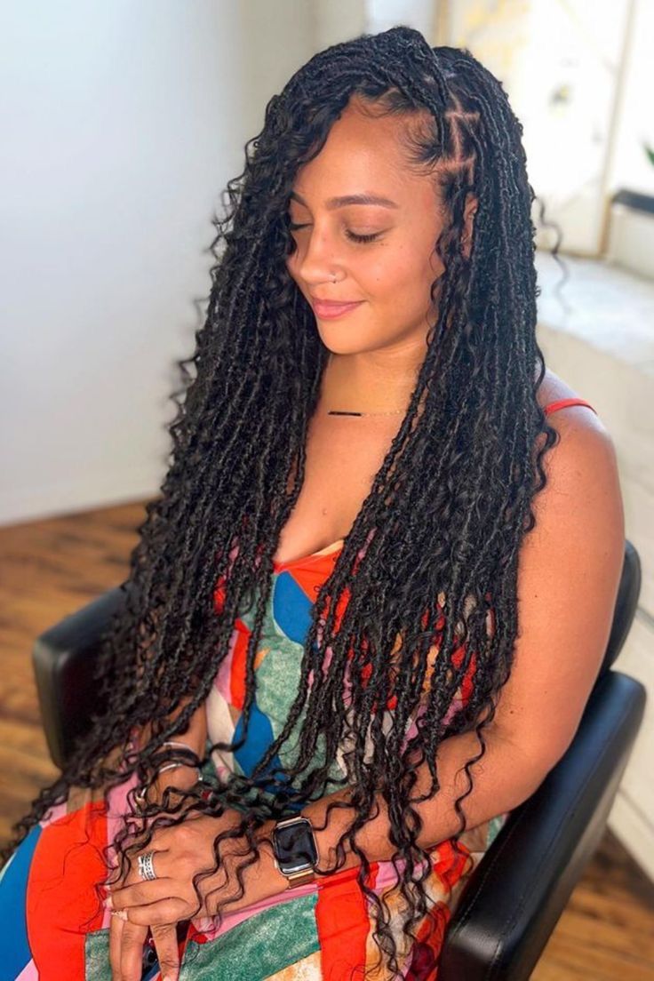 Goddess Faux Locs Black Women, Weave Dreads Faux Locs, Faux Locs Boho Style, Goddess Dreads Faux Locs, Bohemian Goddess Faux Locks, Crisscross Soft Locs, Silky Dreads Hairstyles Faux Locs, Faux Locs Curly Ends Long, Soft Goddess Faux Locs