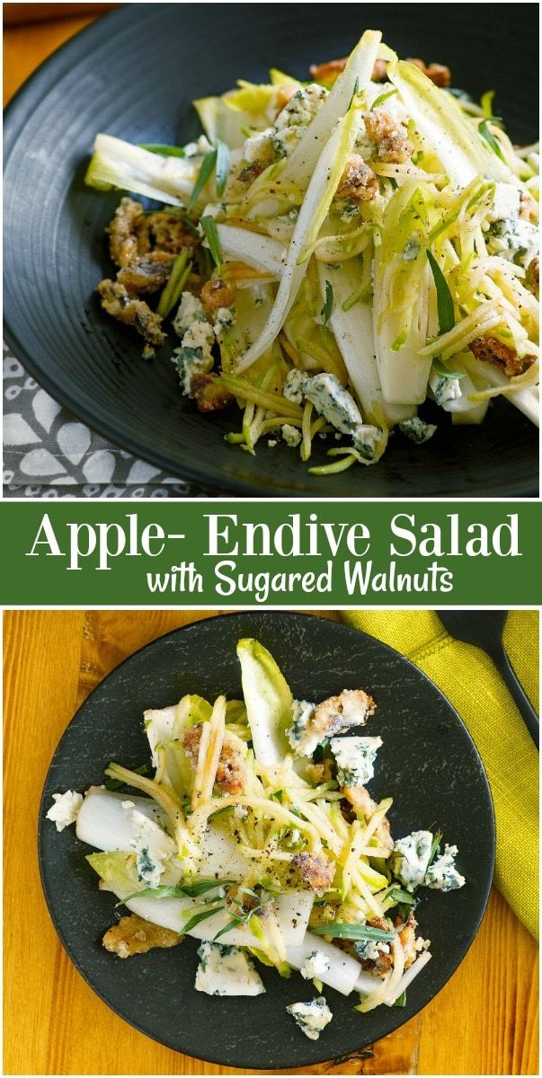 an image of apple - endive salad with sugared walnuts on the side