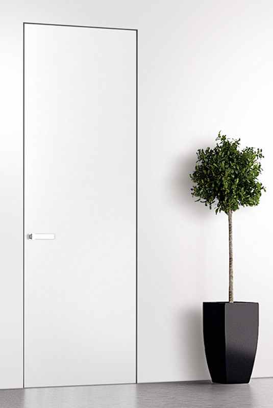 a potted plant sitting next to a white door in a room with grey flooring