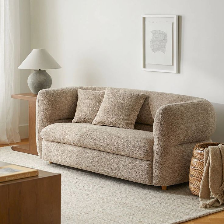 a living room scene with focus on the sofa and pillows, which are in front of a window