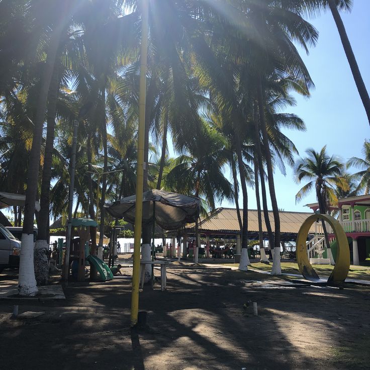 the sun shines brightly through palm trees in front of a building and playground area