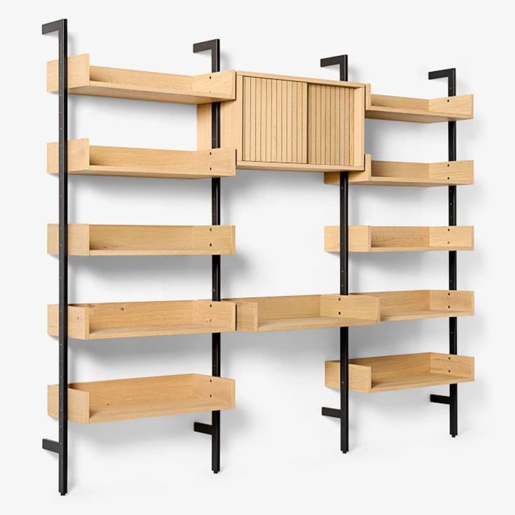 a wooden shelf with black metal brackets and shelves on each side, against a white background