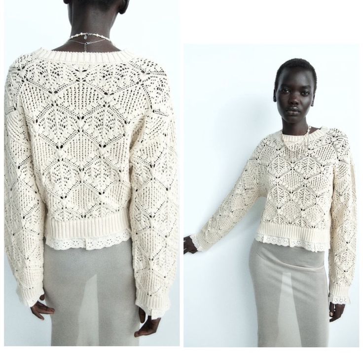 Chunky Knit Sweater With Contrast Embroidered Lace Trim. Round Neck Crochet Stitch Sweater With Long Sleeves. Lace Trim Details. Cropped Length 17” Bust Across 18.5” 58% Cotton 42% Acrylic Ecru | 6427/110 New With Tags Attached. Sold Out At Zara. Gorgeous!! Chic Winter White Pointelle Knit Sweater, Cream Long Sleeve Pointelle Knit Sweater, Beige Pointelle Knit Crochet Crew Neck Top, Beige Pointelle Knit Crochet Top, Winter Cream Pointelle Knit Top, Off White Open Knit Sweater For Fall, Elegant Beige Crochet Top With Pointelle Knit, Chic Crochet Knit Top For Fall, Elegant Cream Open Knit Crochet Top