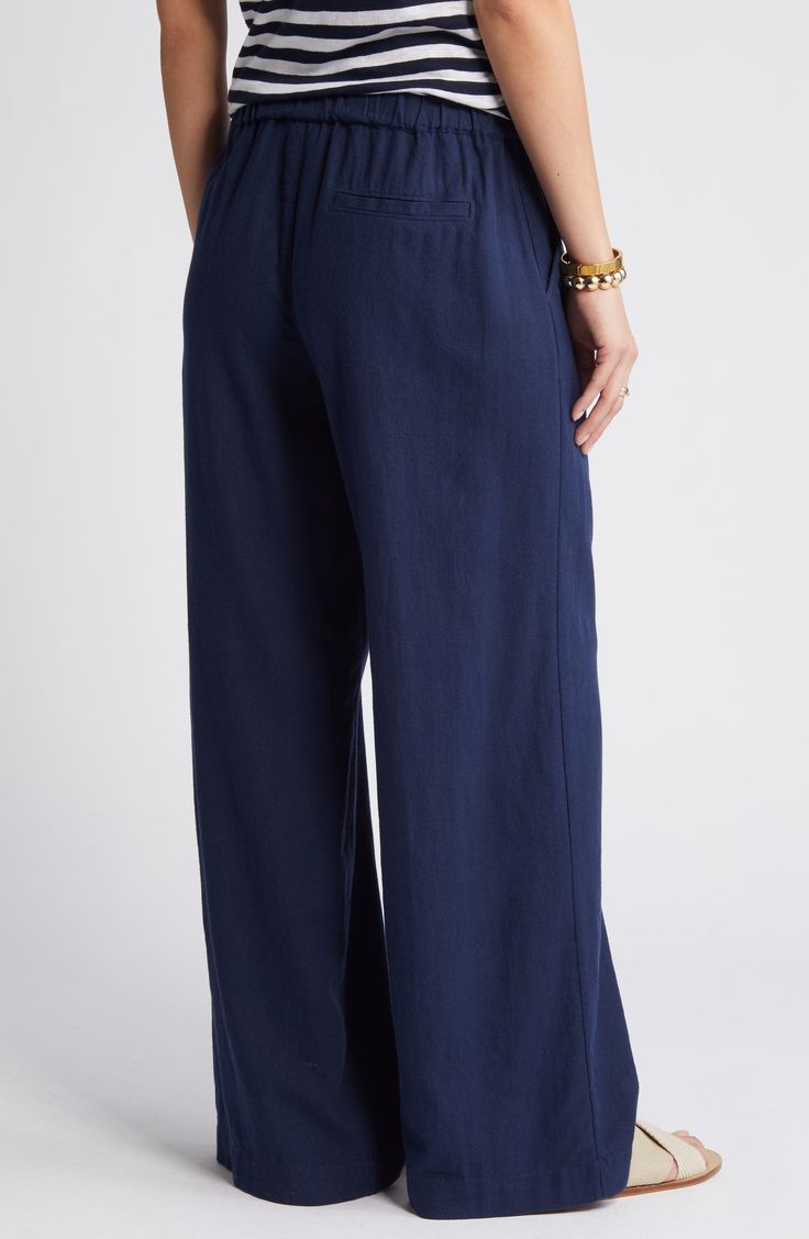 Cut from a breezy linen blend with a high waist and wide legs, these pull-on pants are a cool remake of a closet classic. 30" regular inseam; 25" leg opening; 11 12" front rise; 16" back rise (size Medium) 28" petite inseam; 24" leg opening; 11" front rise; 15" back rise (size Medium P) Elastic waist Front slant pockets; faux back welt pocket 55% linen, 45% rayon Machine wash, tumble dry Imported Women's Clothing Chic Linen Pull-on Pants, Linen Wide Leg Bottoms With Pull-on Style, Spring Linen Wide Leg Pants With Pull-on Style, Wide Leg Linen Bottoms With Pull-on Style, Pull-on Linen Wide-leg Pants, Linen Wide-leg Pull-on Bottoms, Linen Wide-leg Pants With Pull-on Style, Chic Linen Bottoms With Elastic Waistband, Versatile Linen Bottoms