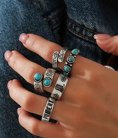 Cute Ring Set Includes of of each Bohemian Alloy Rings As Gifts, Bohemian Alloy Rings As A Gift, Vintage Silver Alloy Rings, Adjustable Retro Nickel-free Jewelry, Adjustable Alloy Promise Ring, Vintage Metal Midi Rings As Gift, Casual Metal Hypoallergenic Jewelry, Casual Hypoallergenic Metal Jewelry, Trendy Alloy Ring Jewelry