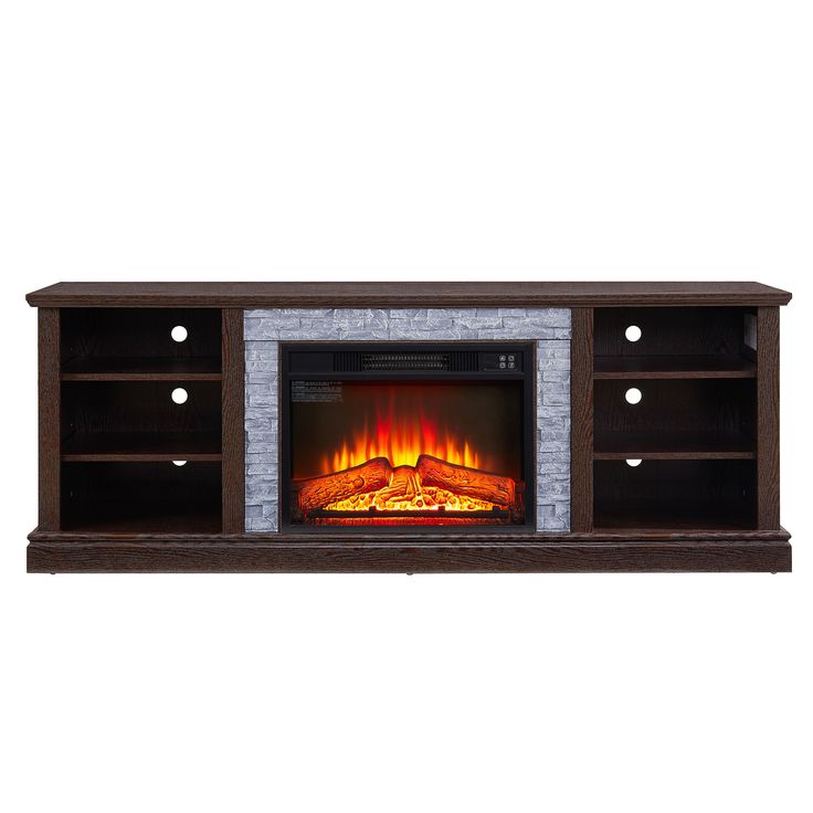 an entertainment center with a fireplace in the middle