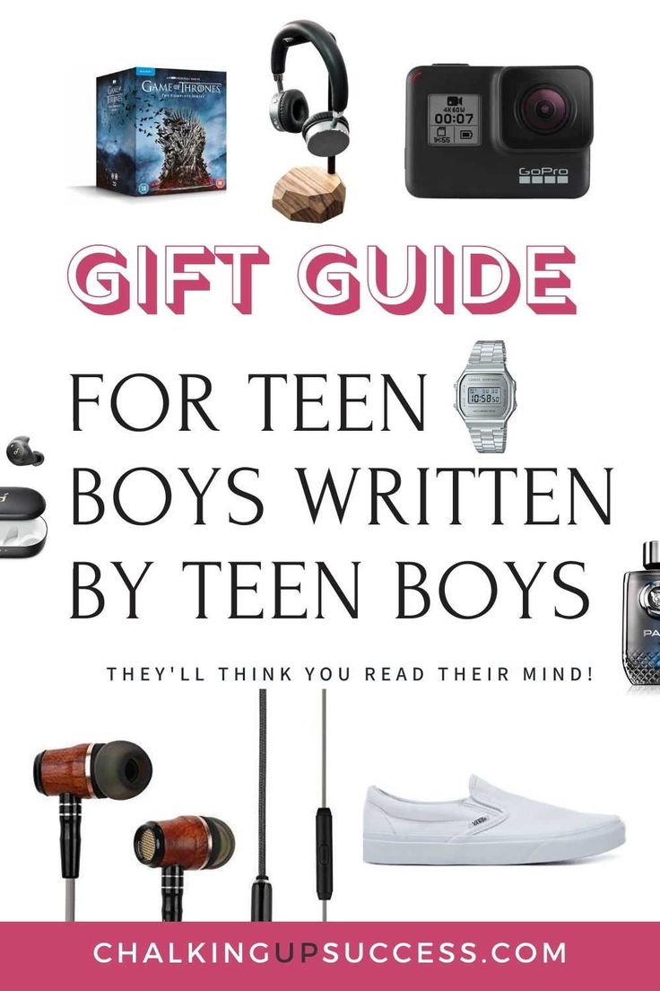 the gift guide for teen boys written by ten boys with headphones and other items