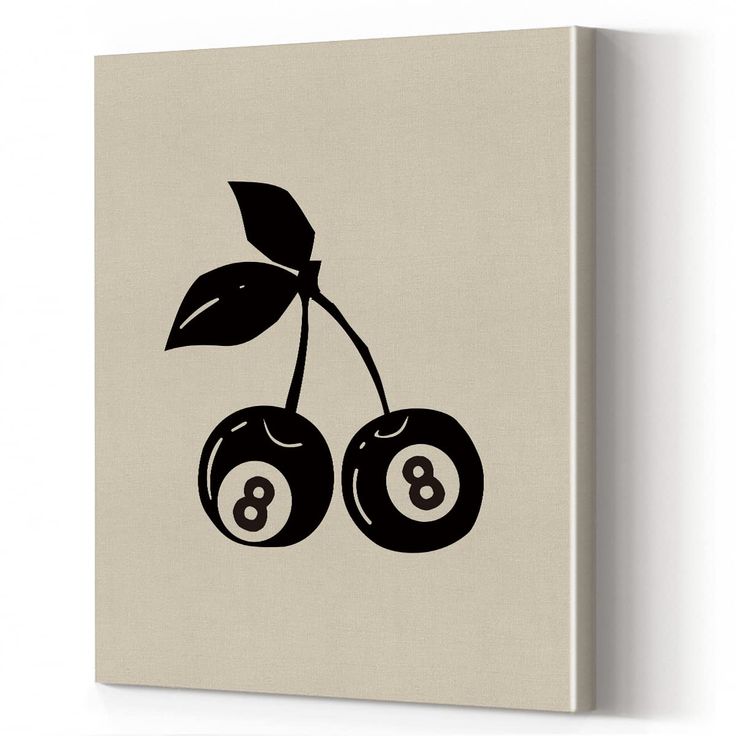 a black and white photo of two cherries on a beige background with the number eight