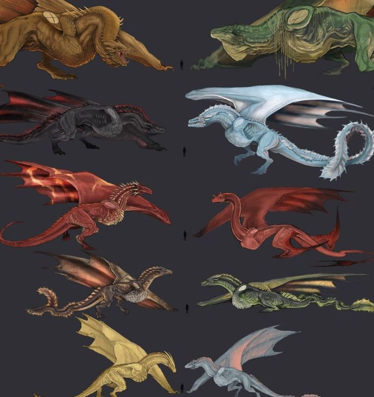 several different types of dragon like creatures on a black background, all in various colors and sizes