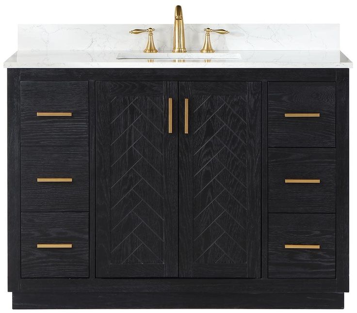 PRICES MAY VARY. Sturdy structure crafted of solid wood and plywood Cabinet available in Classic Blue, Brown Oak, and Black Oak finishes Elegant composite Grain White stone countertop with backsplash Rectangular, undermount ceramic basin with overflow included Countertop comes with pre-drilled, 8 in. widespread faucet hole Perfect for the contemporary bathroom, our Gazsi Vanity offers the smart style you want with the everyday functionality you need. Architectural details include textured door panels with a chic chevron pattern as well as a recessed plinth base. Constructed of rugged wood materials, this vanity boasts ample and flexible storage space for all your bath essentials. The marbled composite stone countertop lends a touch of refinement while providing a striking contrast with the Black Bathroom Vanity Black Tile Floor, Black Bathroom Vanity Tile, Black Bathroom Vanity Art Deco, Black Single Sink Bathroom Vanity, Sw Iron Ore Bathroom Vanity, Black Dresser Vanity Bathroom, 36 Inch Vanity, Oak Bathroom Vanity, Black Vanity Bathroom