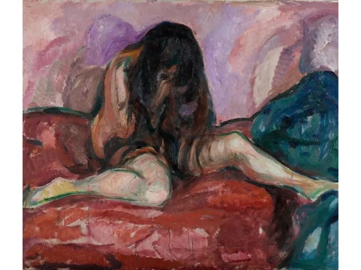 a painting of a woman laying down on a bed with her back to the camera