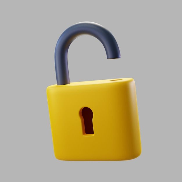 a yellow padlock with a blue handle and a key on the front, against a gray background