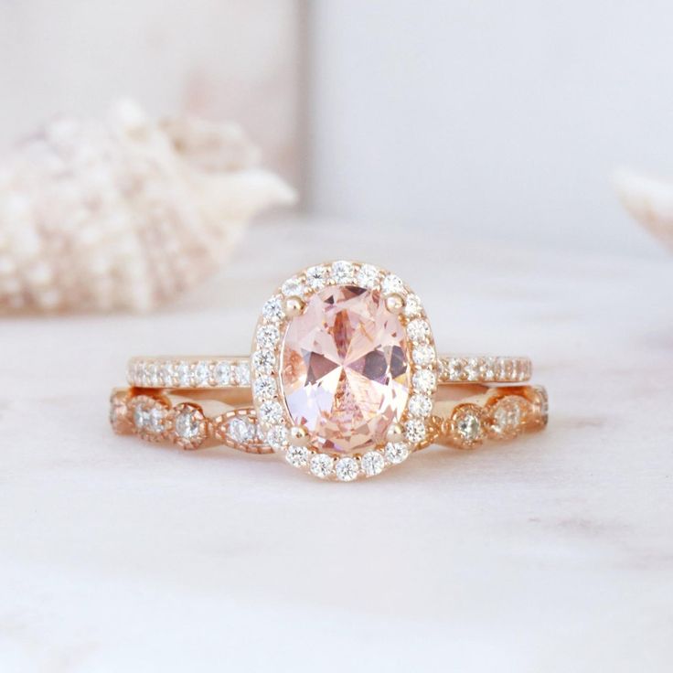 Oval Morganite Ring 14K Rose Gold Ring Engagement Promise | Etsy Classic Rose Gold Morganite Wedding Ring, Classic Rose Gold Rings With Accent Stones, Stackable Oval Rings For Anniversary, Classic Morganite Diamond Wedding Ring, Classic Morganite Diamond Ring For Wedding, Classic Pink Halo Ring For Wedding, Elegant Blush Ring For Anniversary, Elegant Blush Rings For Anniversary, Elegant Peach Ring For Anniversary