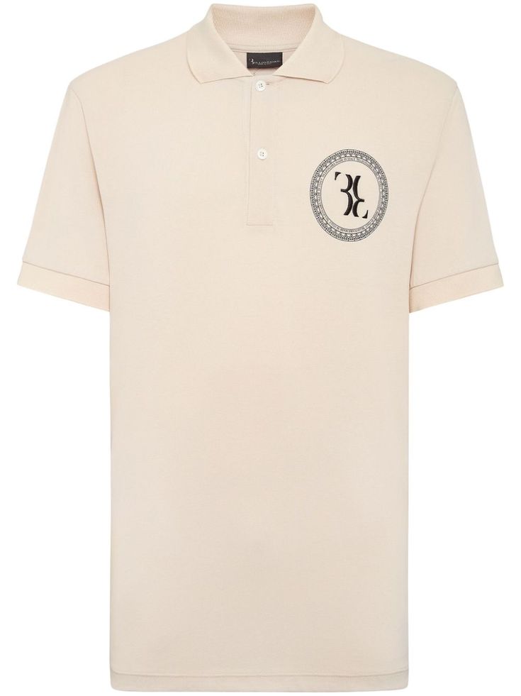 beige cotton piqué weave embroidered logo at the chest logo print at the chest polo collar front button placket short sleeves straight hem Billionaire Logo, City Shorts, Balenciaga Triple S, Cotton Polo Shirt, Dress Watch, Custom Watch, Short Suit, Summer Beach Wear, Cotton Polo