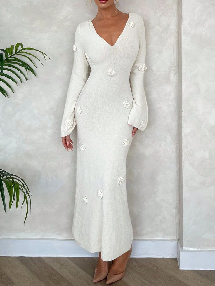 Apricot Elegant Collar Long Sleeve Knitwear Plain  Embellished Medium Stretch  Women Clothing Long Dress Floral, Long Dress Elegant, Wedding Autumn, Vacation Wedding, Apricot Color, Long Dresses Elegant, Long Sweater Dress, Womens Fall Dress, Dress Sweater