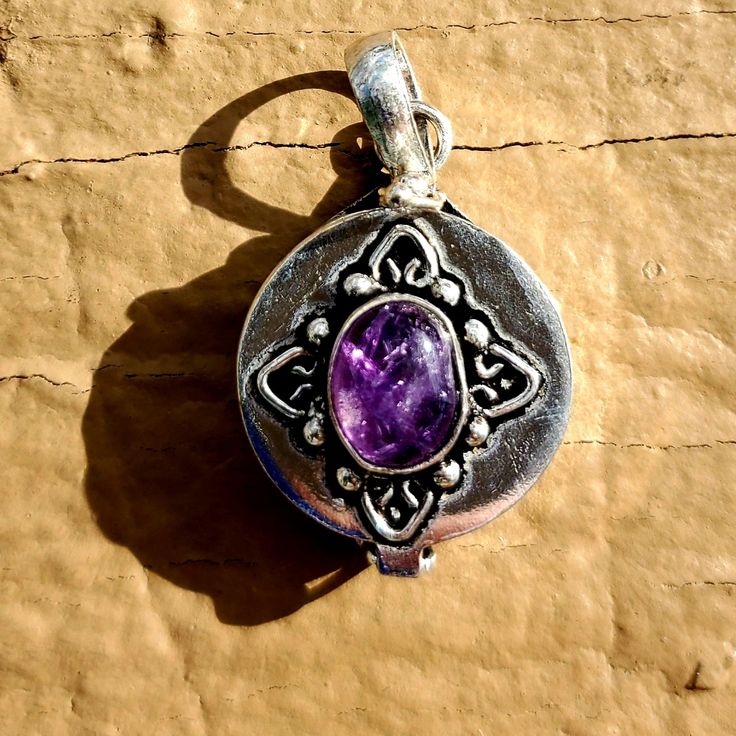 Brand New Handmade Ethnic Small Amethyst Silver Poison Locket Pendant. Bohemian Sterling Silver Locket, Antique Silver Spiritual Jewelry For Festivals, Nickel-free Silver Amethyst Jewelry, Spiritual Silver Necklace With Stone Setting, Purple Amethyst Jewelry For Festival, Bohemian Locket For Jewelry Making, Bohemian Adjustable Locket Jewelry, Spiritual Purple Jewelry For Festivals, Adjustable Bohemian Locket Jewelry