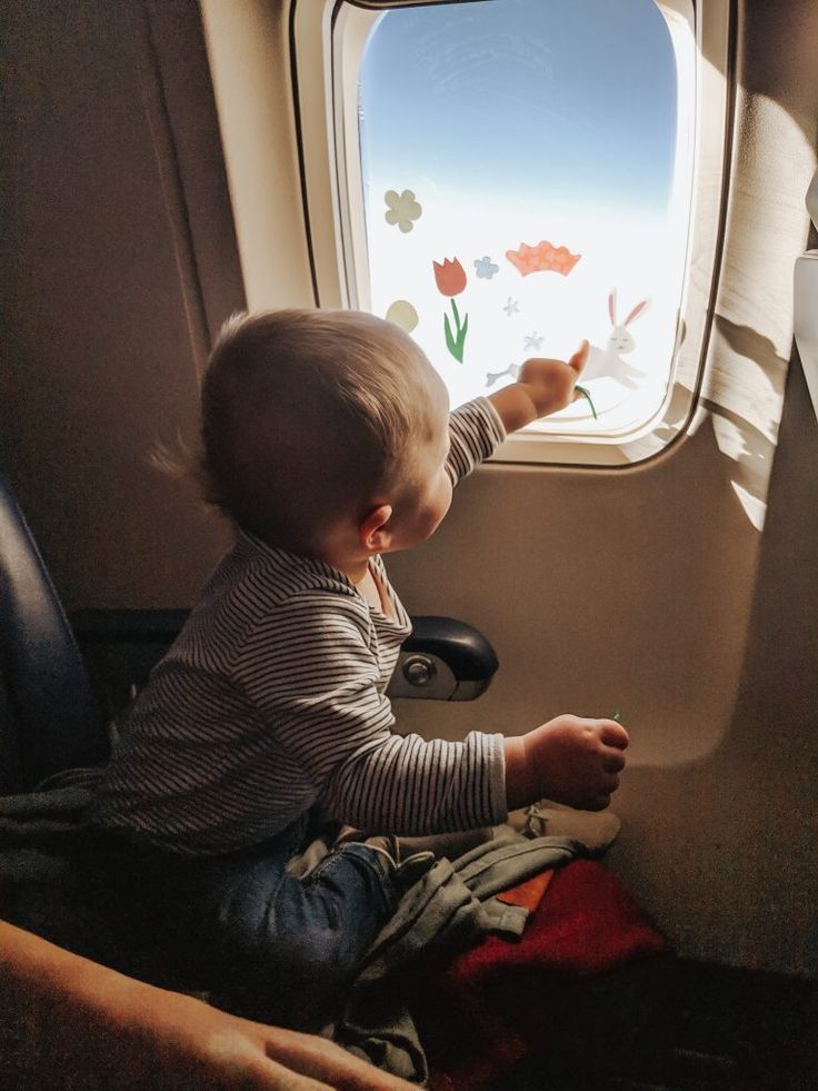 a small child sitting on an airplane seat looking out the window at flowers and grass