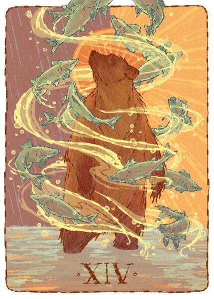 a bear standing in the water surrounded by fish and sun rays, with an orange background