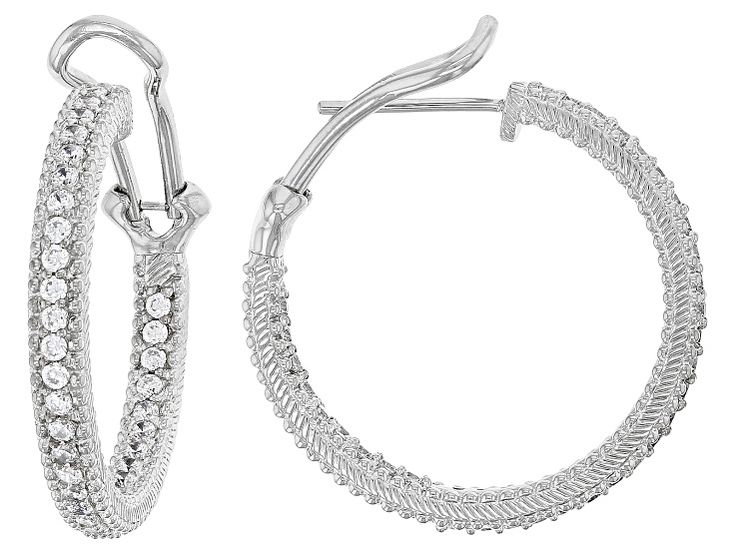 Judith Ripka Bella Luce® 1.66ctw Diamond Simulant Rhodium Over SterlingSilver Haute Collection Earrings. Measures Approximately 1"L x 0.14"W. Omega Backs. Classic Hand Set Silver Diamond Earrings, Platinum Hoop Jewelry With Pave Setting, Luxury Silver Channel Set Jewelry, Silver Formal Earrings Channel Set, Silver Channel Set Earrings For Formal Occasions, Silver Round Channel Set Earrings, Silver Hoop Jewelry With Hand Set Details, Silver Platinum Hoop Earrings With Pave Setting, Silver Platinum Jewelry With Channel Set