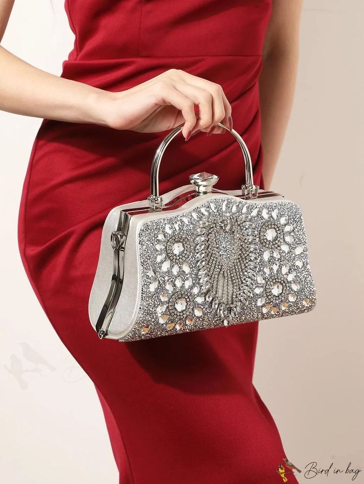 BirdinBag - Elegant Rhinestone-Embellished Small Box Bag for Weddings, Proms, and Special Events Rhinestone Evening Bag For Wedding, Silver Embellished Evening Bag For Prom, Glamorous Wedding Bag With Bling, Wedding Evening Bag With Rhinestones, Bling Clutch Evening Bag For Wedding, Silver Crystal Bag For Prom, Handheld Rhinestone Evening Bag As Gift, Handheld Evening Bag With Rhinestones For Gift, Handheld Evening Bag With Rhinestones As Gift