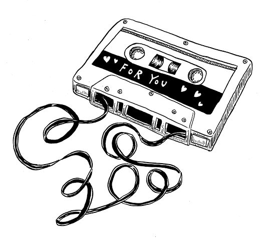 a drawing of an old school cassette tape recorder with its cord still attached to it