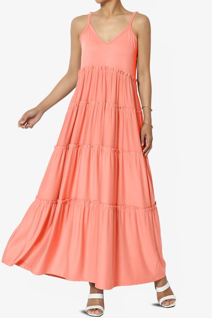 Livvy V-Neck Tiered Cami Maxi Dress CORAL_1 V-neck Tiered Dress With Ruffle Hem For Beach, Casual V-neck Tiered Dress For Beach, Solid Color Ruffled Sundress For Vacation, Beach V-neck Tiered Dress With Ruffle Hem, V-neck Tiered Beach Dress With Ruffle Hem, Solid Color Sundress With Ruffles For Vacation, Summer V-neck Tiered Dress For Vacation, Solid Color Tiered Summer Dress, Casual V-neck Tiered Dress For Vacation