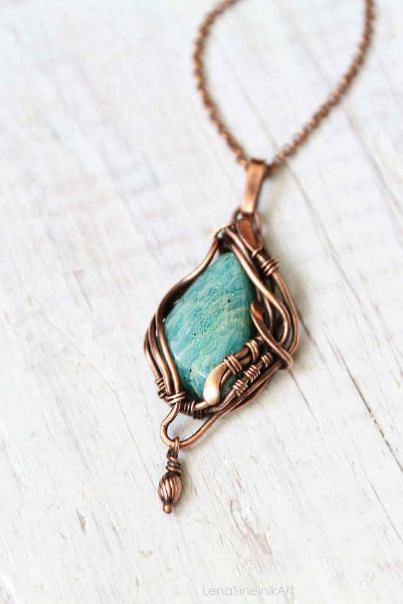 Amazonite pendant Wire wrap pendant Wire by LenaSinelnikArt Handmade Turquoise Copper Wire Necklace, Handmade Turquoise Necklace With Copper Wire, Turquoise Necklace With Copper Wire, Bohemian Wire Wrapped Copper Wire Necklaces, Bohemian Wire Wrapped Copper Wire Necklace, Bohemian Copper Wire Wrapped Necklaces, Nature-inspired Necklace With Natural Stones And Copper Wire, Nature-inspired Copper Wire Necklace With Natural Stones, Nature-inspired Wire Wrapped Copper Necklace