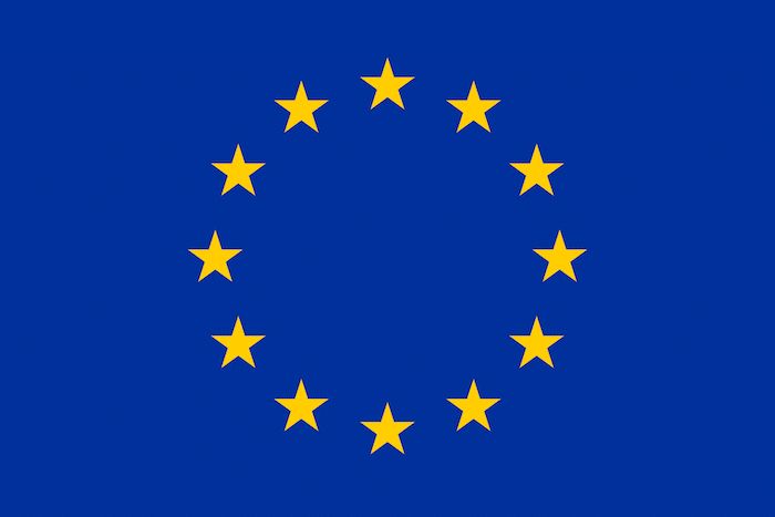 the european union flag with five yellow stars in it's center and blue background