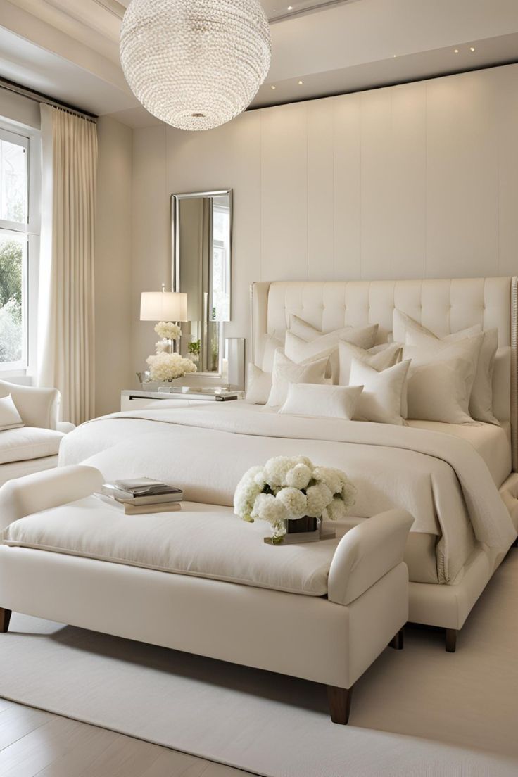 a large white bed sitting in a bedroom next to a window