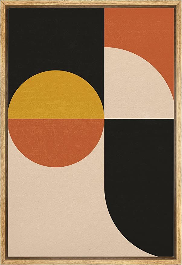 an abstract painting with black, orange and yellow colors on it's sides in a wood frame