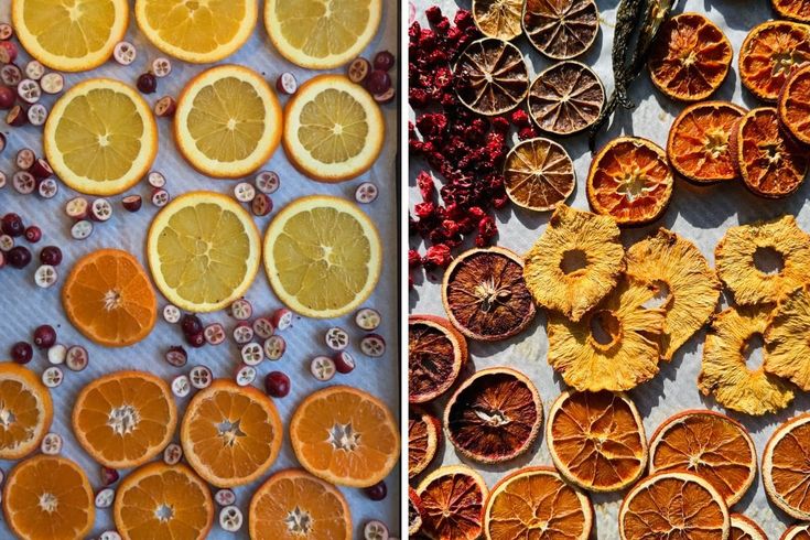 oranges, cranberries and other fruits are arranged on a sheet of paper