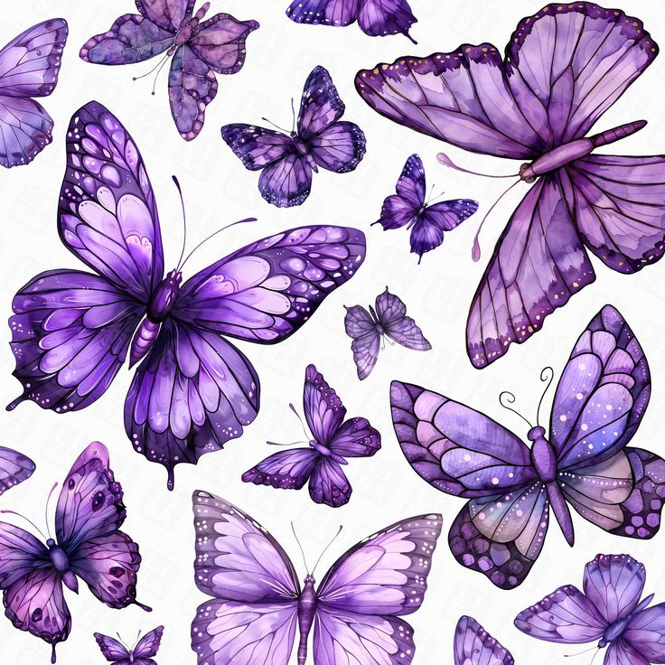 many purple butterflies are flying in the air and there is no image on this page