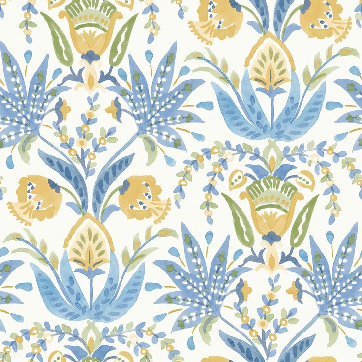 a blue and yellow floral pattern on white paper