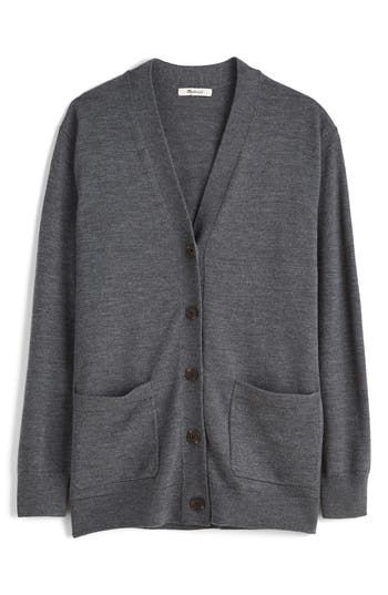 A cozy classic, this merino-wool cardigan has patch pockets and an übercomfy relaxed fit for a perfect addition to your cool-weather wardrobe. 27 1/2" length (size Medium) Front button closure V-neck Long sleeves Front patch pockets 100% merino wool Dry clean Imported Winter Long-sleeve Cardigan With Welt Pockets, Winter Long Sleeve Cardigan With Welt Pockets, Winter Workwear Cardigan With Welt Pockets, Classic Long Sleeve Cardigan With Pockets, Classic Winter Cardigan With Welt Pockets, Casual Everyday Merino Wool Outerwear, Casual Merino Wool Outerwear For Everyday, Soft Knit Relaxed Outerwear For Work, Relaxed Fit Soft Knit Outerwear For Work